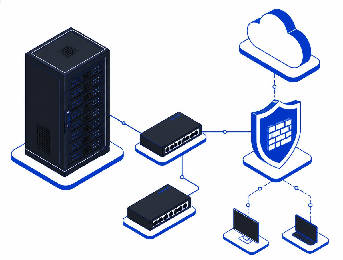 Illustration of a server rack connected to network switches, a firewall and cloud infrastructure